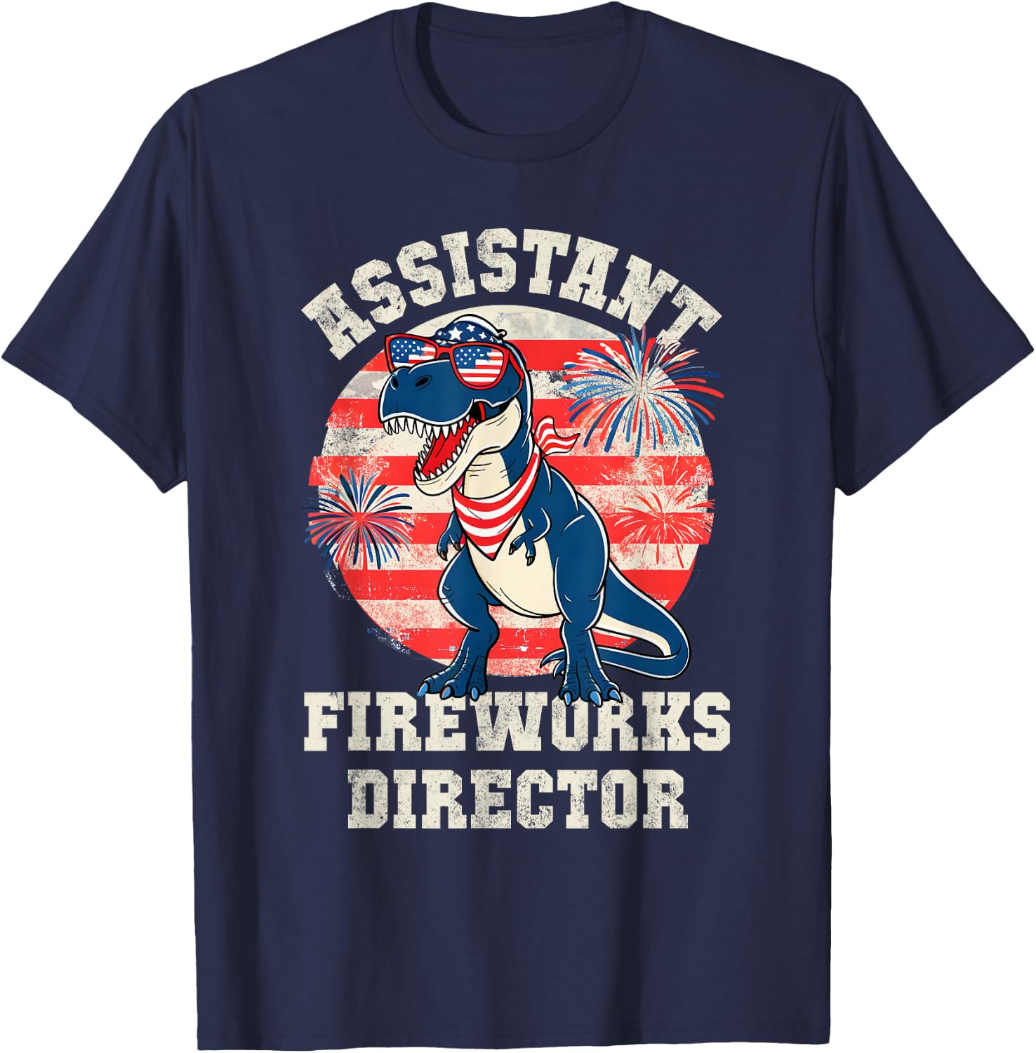 Kids T-Rex ASSISTANT FIREWORKS DIRECTOR 4th July Red White T-Shirt - T-Shirt | Navy