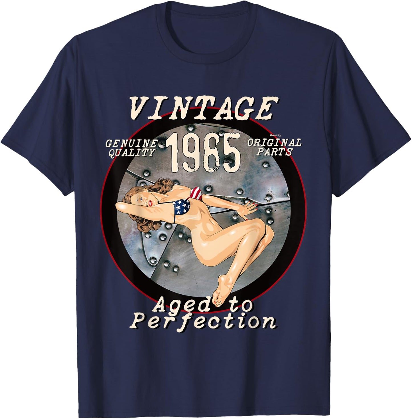 1985 Bomber Nose Art Hot Pinup 36th Birthday Gift Distressed T-Shirt - T-Shirt | Navy