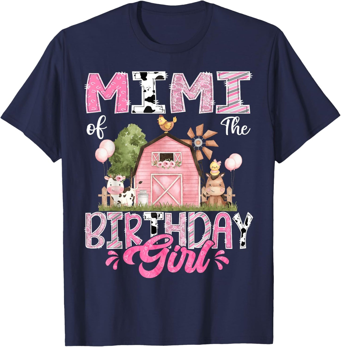 Mimi Of The Birthday Girl 1St Birthday Pink Cow Farm T-Shirt - T-Shirt | Navy