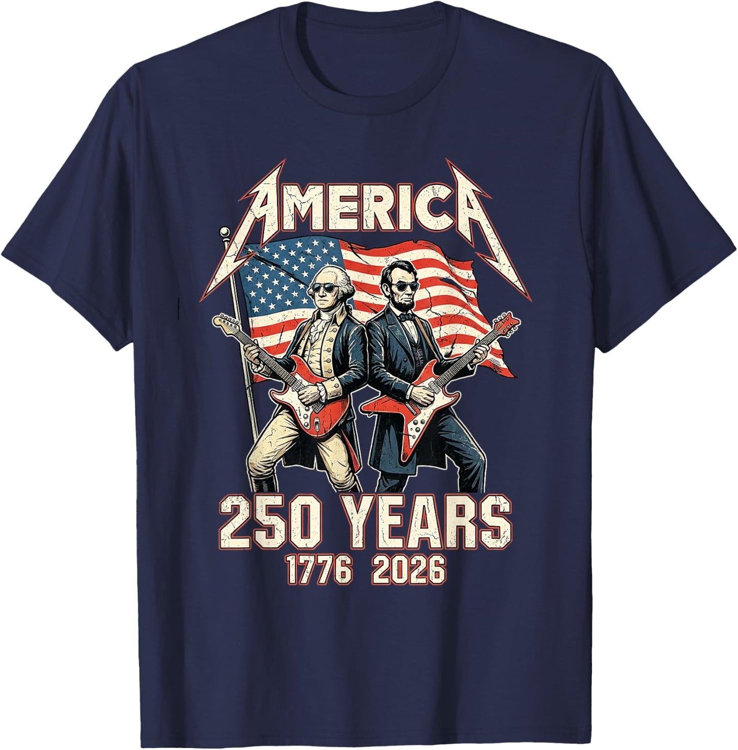 Abe Lincoln Playing Guitar George Washington USA Flag 250 T-Shirt - T-Shirt | Navy