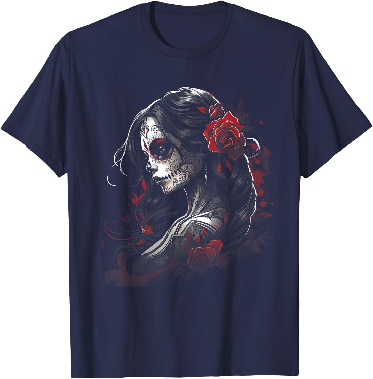Tag der Toten Zuckerschädel Kunst Rose Mexikanisch Damen , Schwarz, S, Kurzarm, Kunstvolle Designs und klassischer Schnitt T-Shirt - T-Shirt | Navy