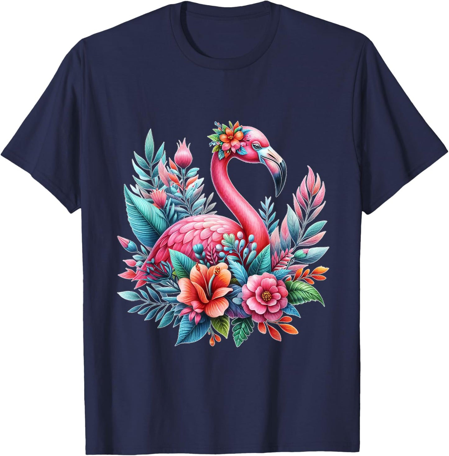 Pink Flamingo Watercolor T shirt Hawaiian Flowers Floral T-Shirt - T-Shirt | Navy