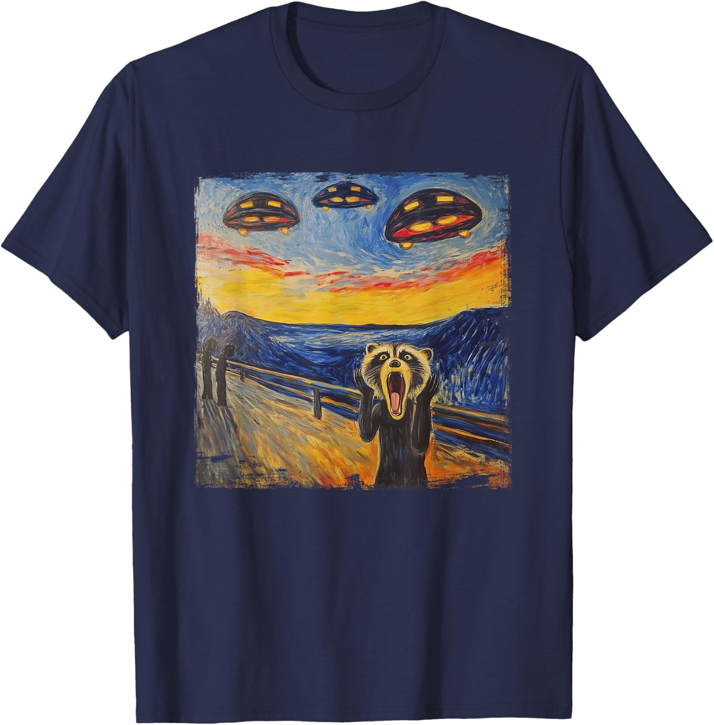 Raccoon Scream UFO Alien Munch Parody Expressionism , black T-Shirt - T-Shirt | Navy