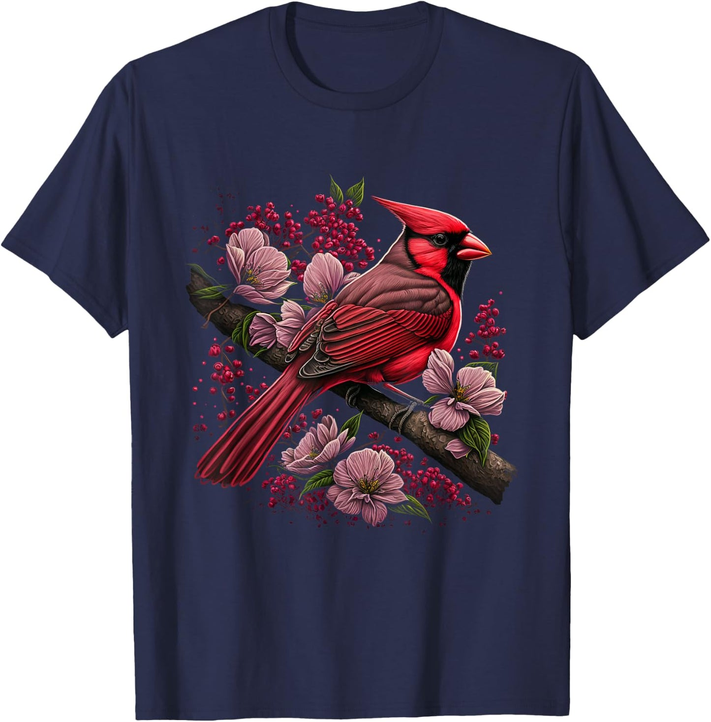 Red Cardinal Bird And Pink Flowering Dogwood Blossoms T-Shirt - T-Shirt | Navy