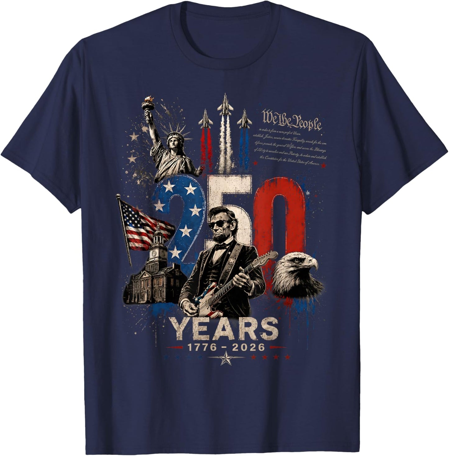 Vintage Abraham Lincoln Abe Lincoln Playing Guitar 250 Years T-Shirt - T-Shirt | Navy