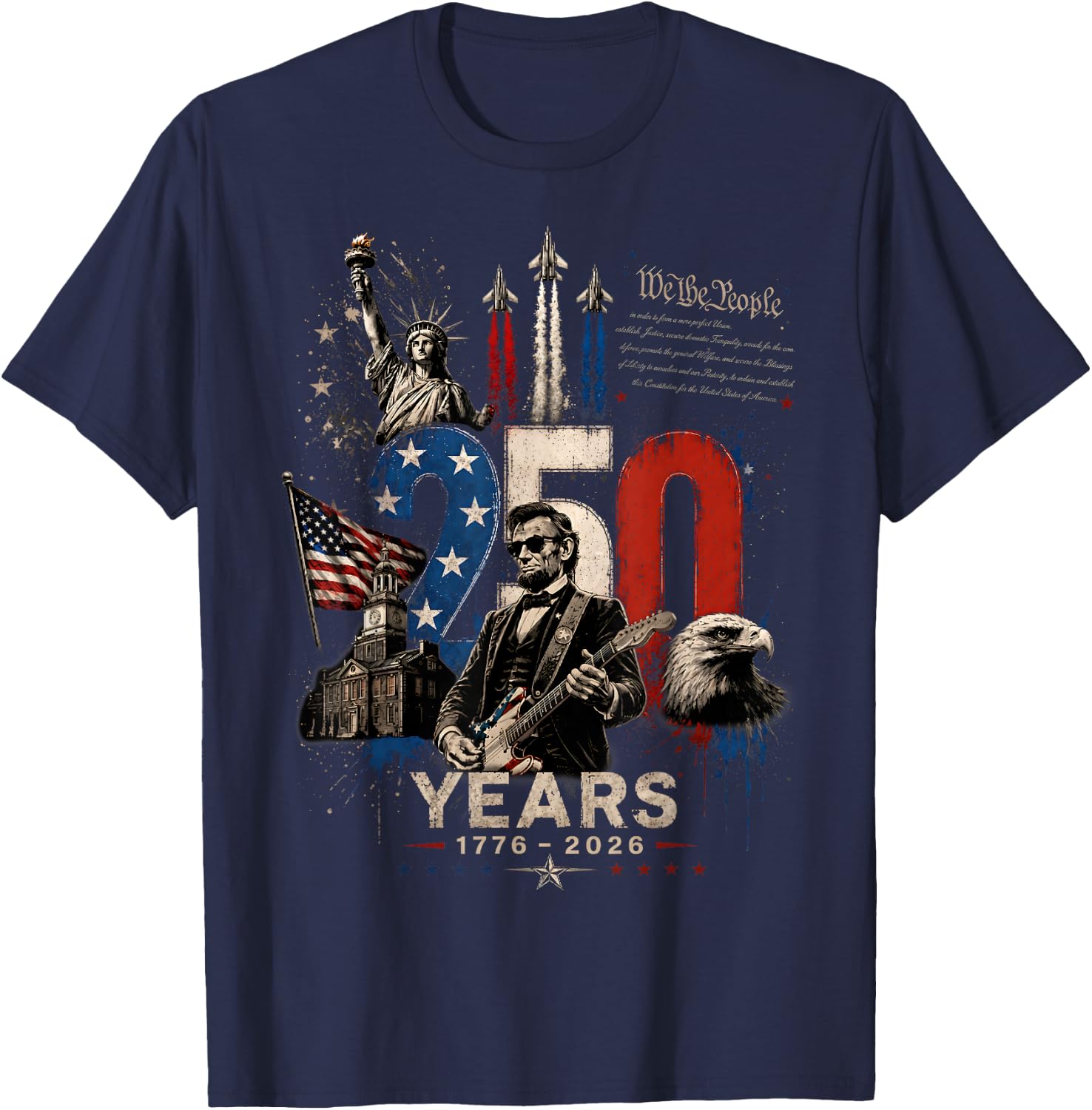 Vintage Abraham Lincoln Abe Lincoln Playing Guitar 250 Years T-Shirt - T-Shirt | Navy