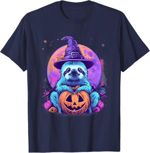 Cute Sloth Witchcraft Hat Scary Pumpkin Lantern Halloween T-Shirt - T-Shirt | Navy