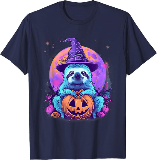Cute Sloth Witchcraft Hat Scary Pumpkin Lantern Halloween T-Shirt - T-Shirt | Navy