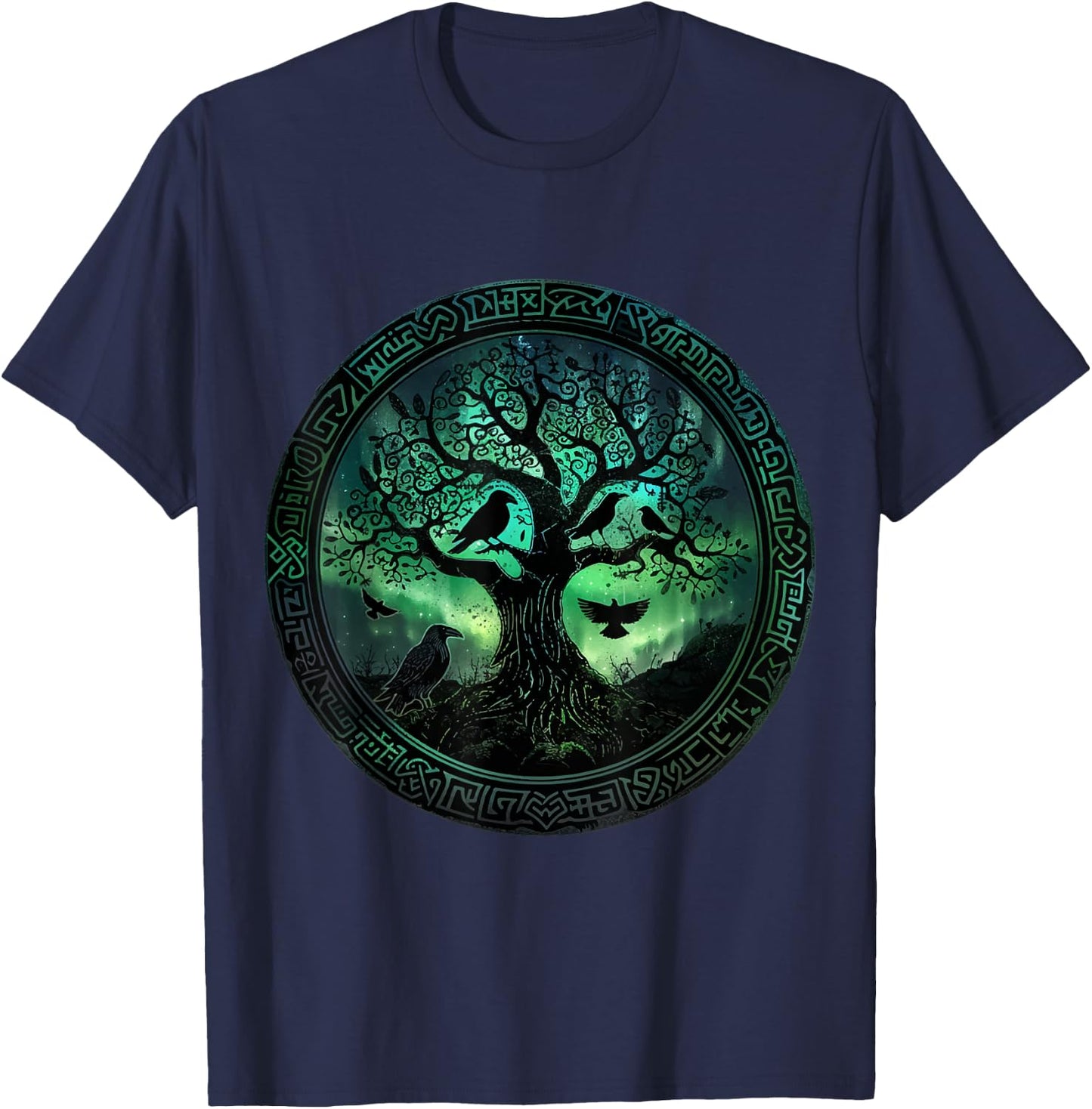 Hugin & Munin Ravens Odins Viking Tree of Life , black T-Shirt - T-Shirt | Navy
