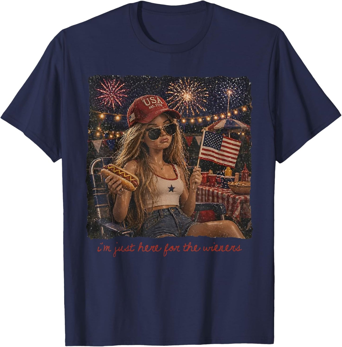 Just Here for the Wieners 4Th of July 250 Years Amrican Girl T-Shirt - T-Shirt | Navy