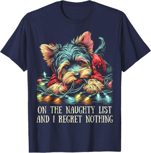 On The Naughty List Cute Yorkshire Terrier Christmas Funny T-Shirt - T-Shirt | Navy