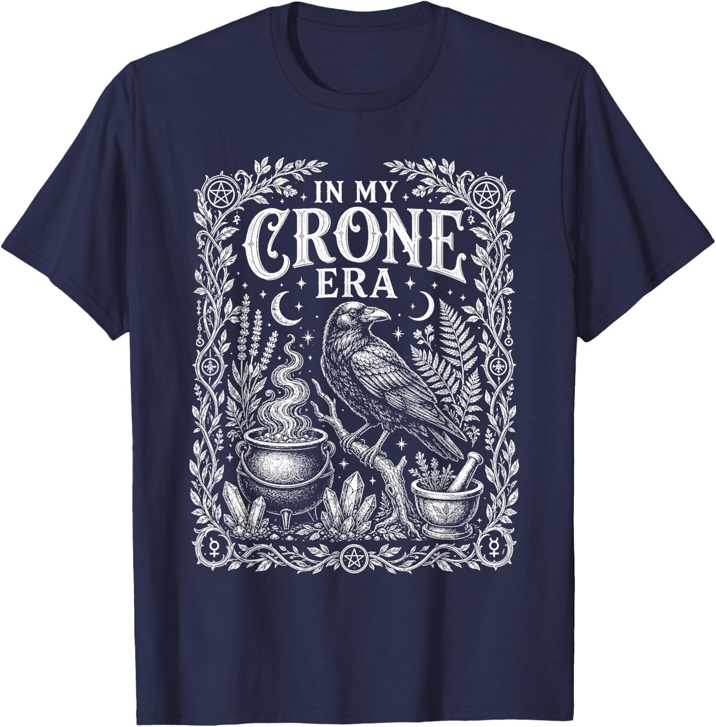 in My Crone Era Witchy Raven Cauldron T-Shirt - T-Shirt | Navy