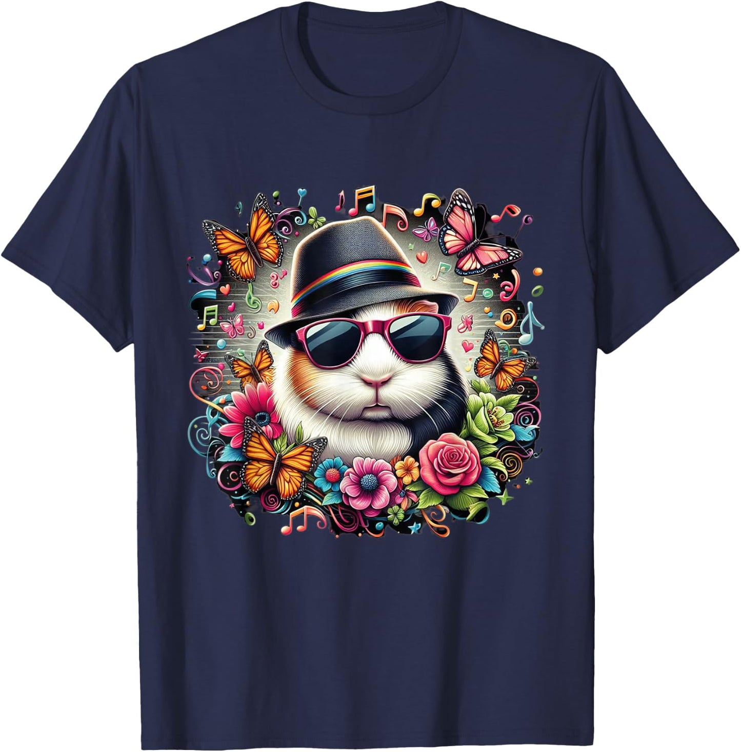 guinea pig wearing sunglasses and a hat colorful Butterflies T-Shirt - T-Shirt | Navy