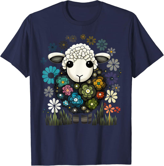 Colorful Sheep Cartoon Flower Garden Cute Farm Animals Black T-Shirt - T-Shirt | Navy