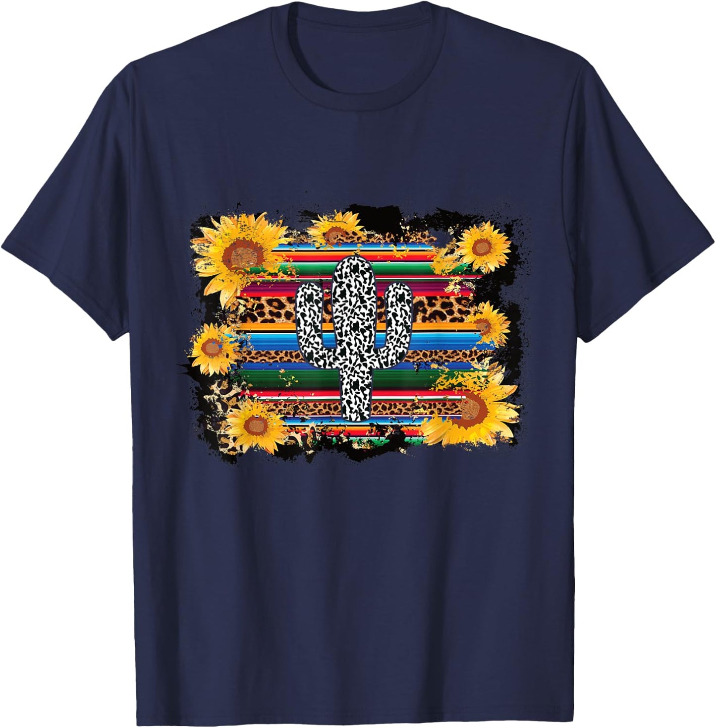 Serape Cactus Print Turquoise Cow Print Saguaro Sunflower T-Shirt - T-Shirt | Navy