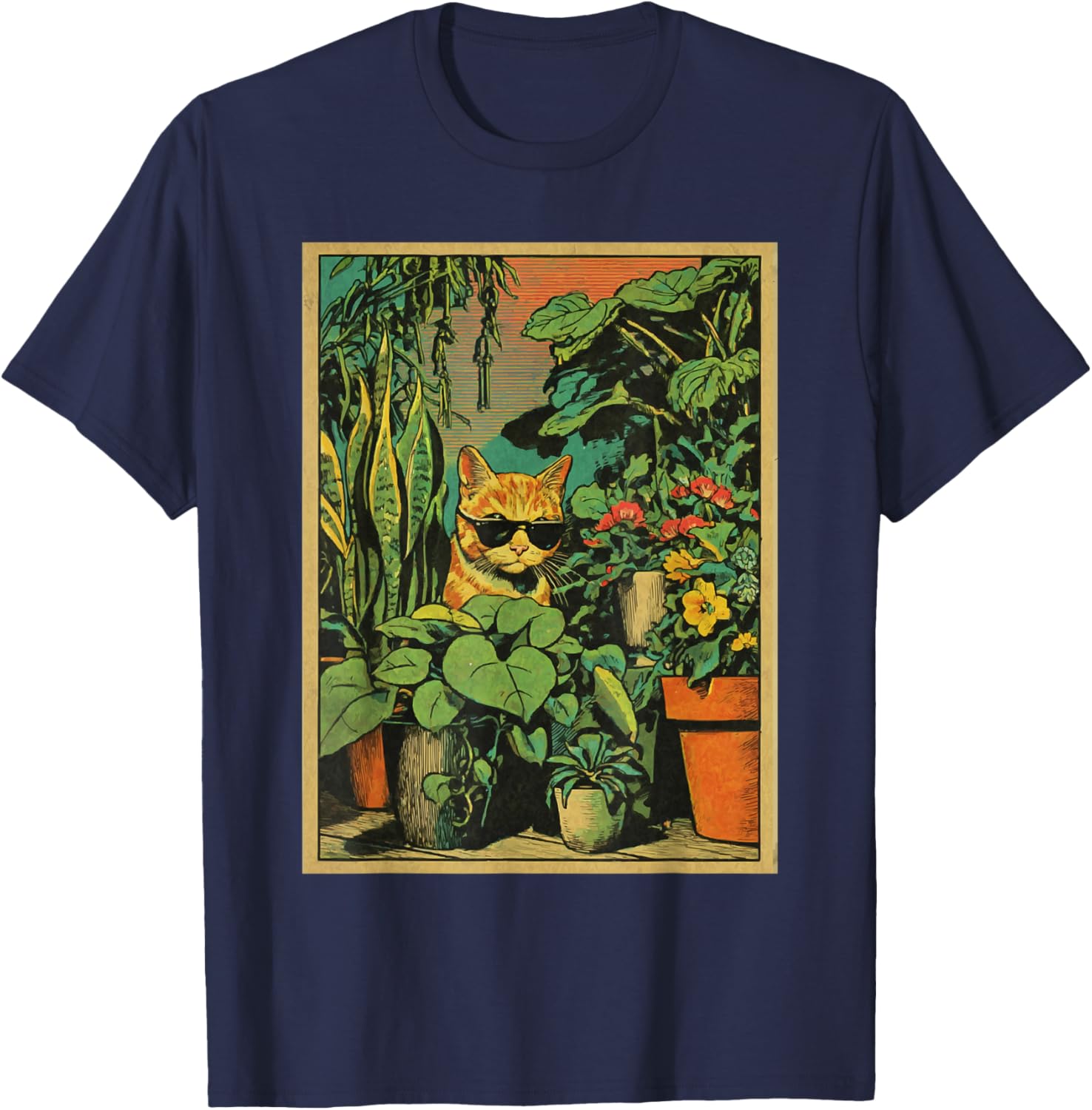 Chat tigré Roux avec Lunettes de Soleil pour Amoureux des Plantes botanique T-Shirt - T-Shirt | Navy