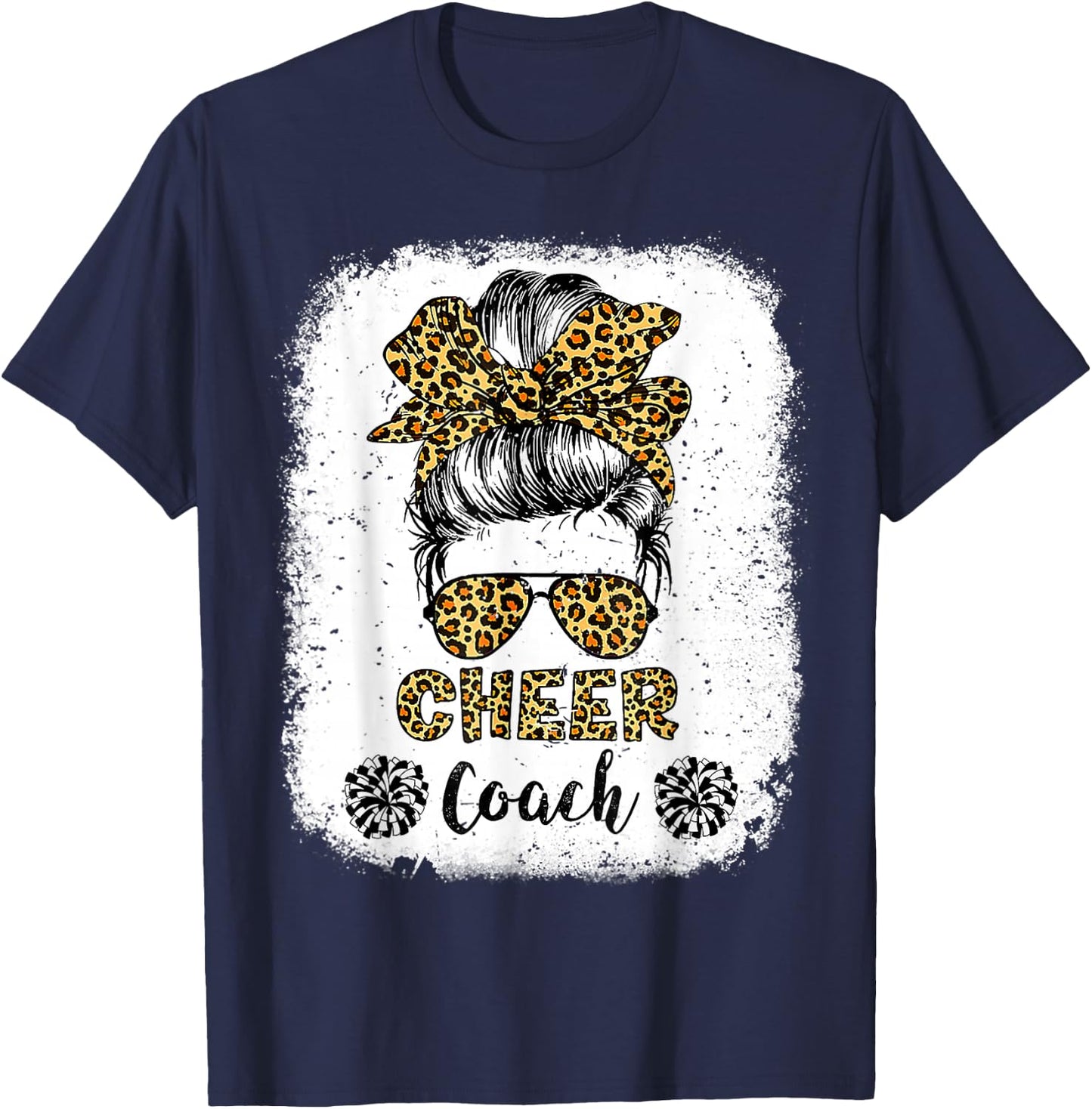 Cheer Coach Leopard Messy Bun Cheerleader Bleached T-Shirt - T-Shirt | Navy