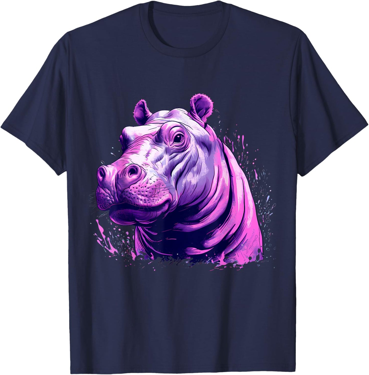 Hippopotamus Portrait Splash Colourful Artwork Savanna Hippo T-Shirt - T-Shirt | Navy
