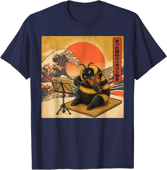 Fat Bee Playing Violin Meme Great Wave Japanese Art T-Shirt - T-Shirt | Navy
