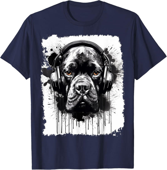 Pop Art Boxer Dog Graffiti Style Headphone Music Women Girls Kids T-Shirt - T-Shirt | Navy