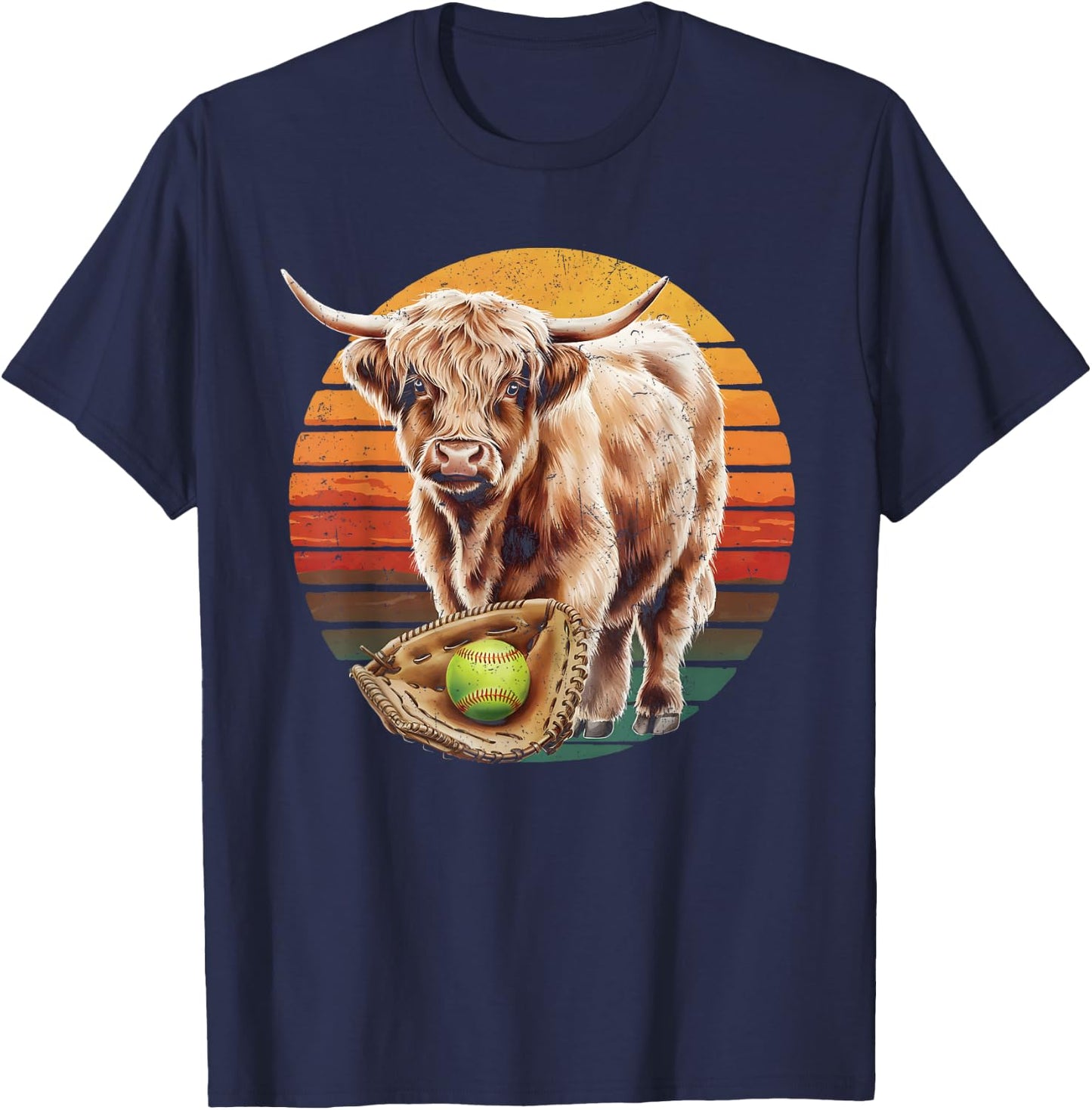 Highland Cow Softball Player Team Vintage T-Shirt - T-Shirt | Navy