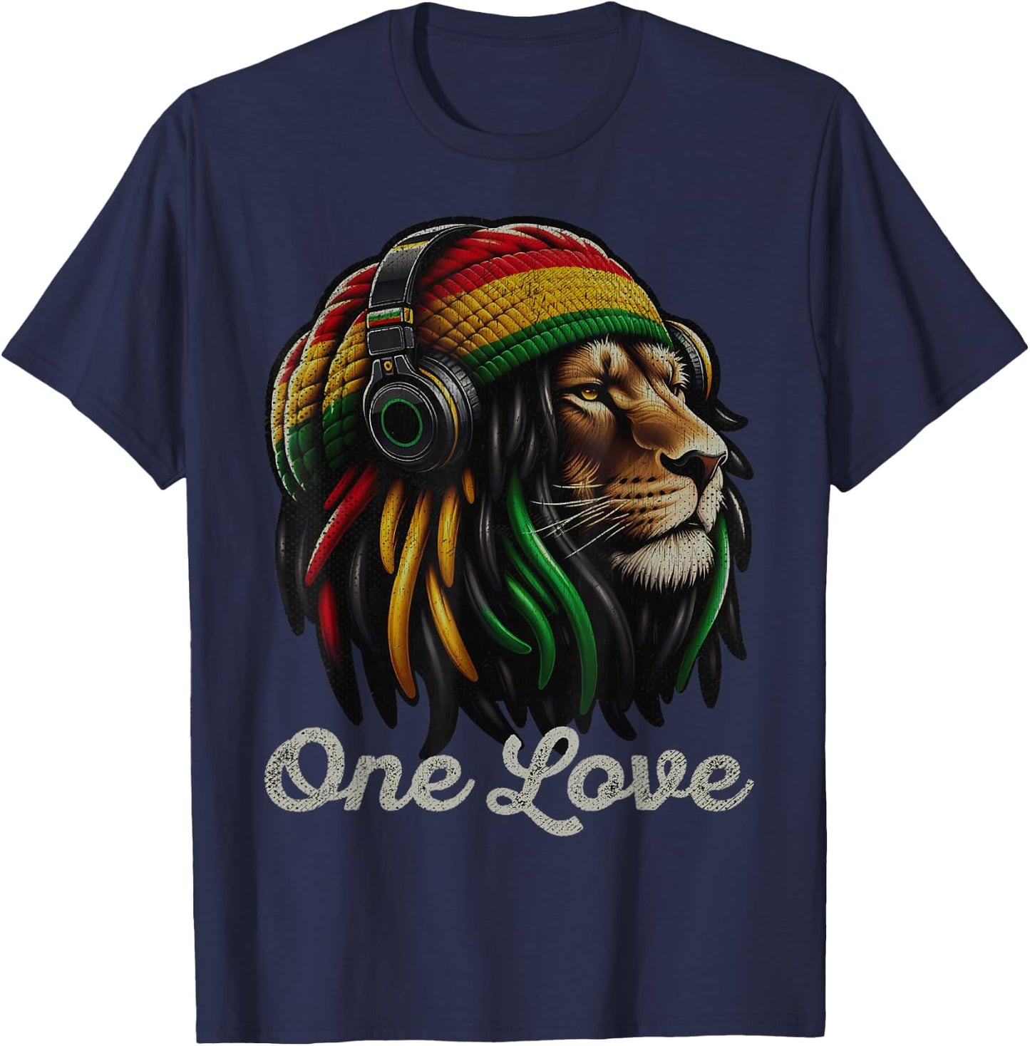 Jamaican Reggae Lion by Judah Rastafarian Lion , Black, S T-Shirt - T-Shirt | Navy