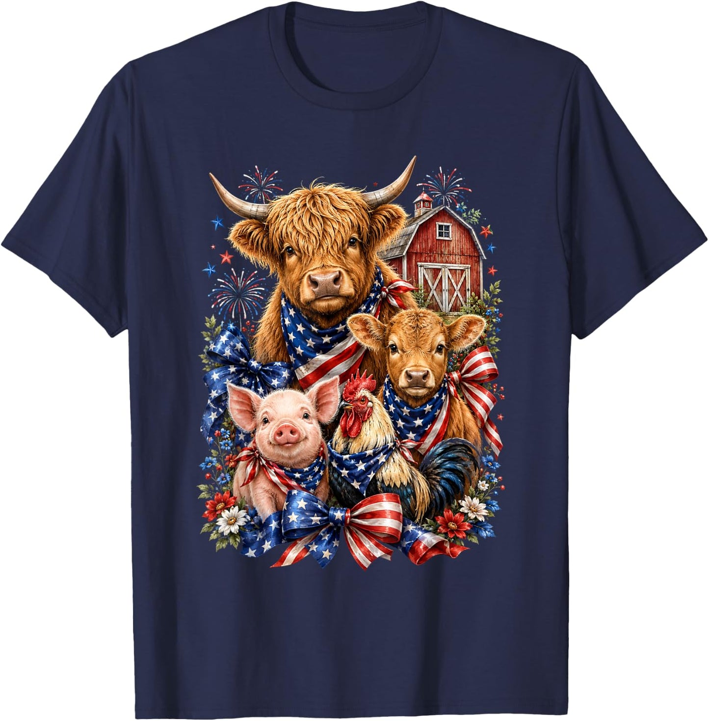 Patriotic Farm Animals 4th of July Barn Cow Pig Chicken Bow T-Shirt - T-Shirt | Navy