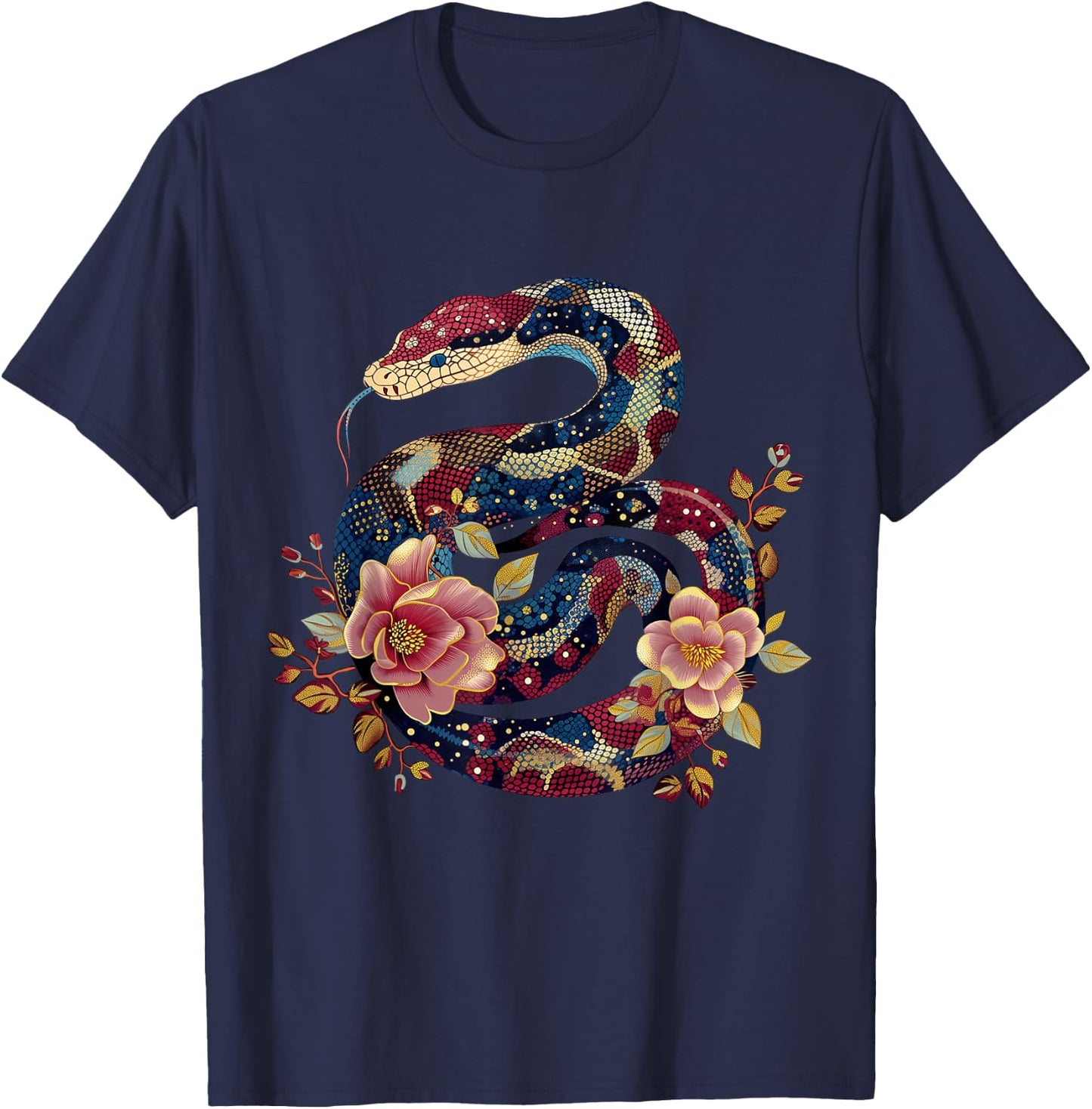 Python Snake Floral Ball Python Tattoo Flowers Snake Lover T-Shirt - T-Shirt | Navy