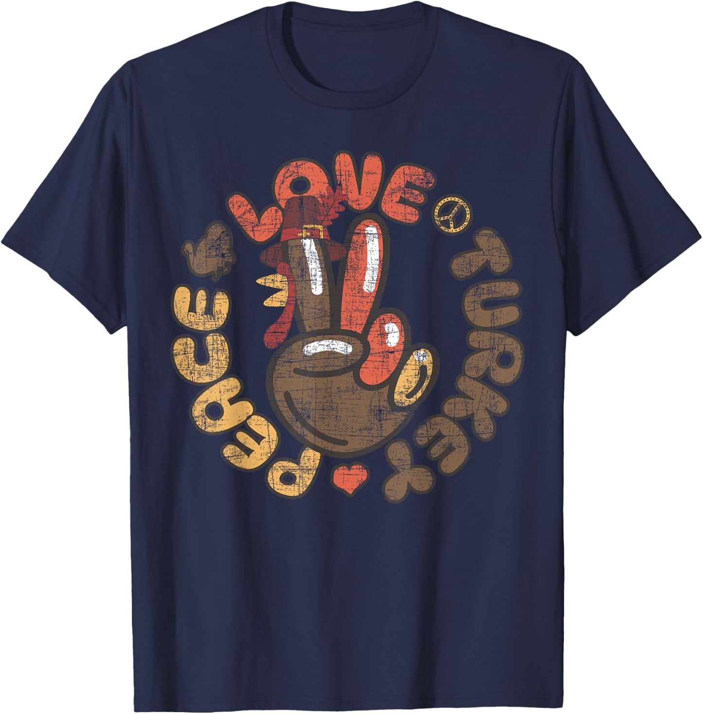 Peace Sign Turkey Hand Cool Thanksgiving Peace Love Turkey T-Shirt - T-Shirt | Navy