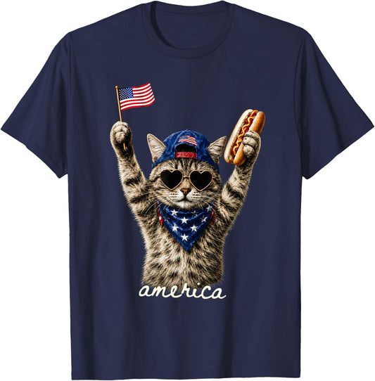 Patriotic Cat American Flag Hot Dog 4th of July T-Shirt - T-Shirt | Navy