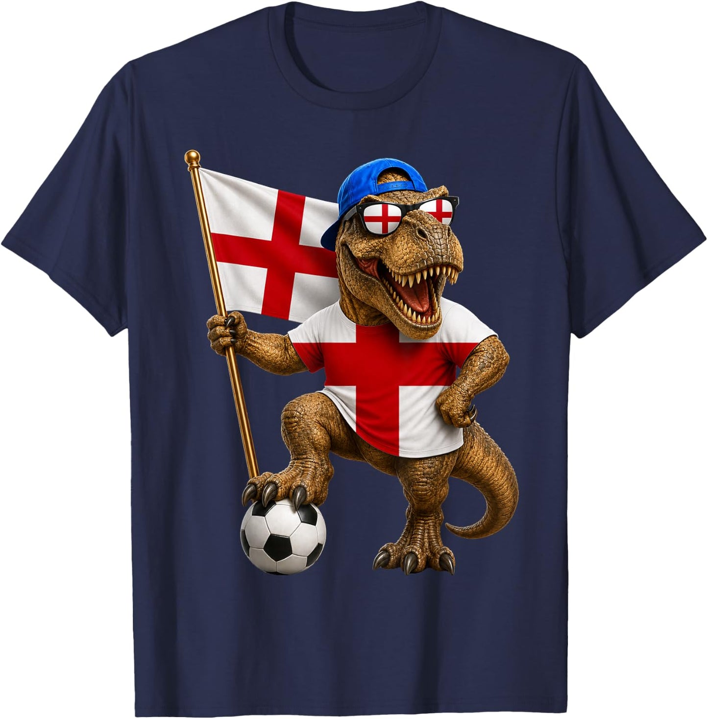 England Flag T-Rex Football Dinosaur Soccer English T-Shirt - T-Shirt | Navy