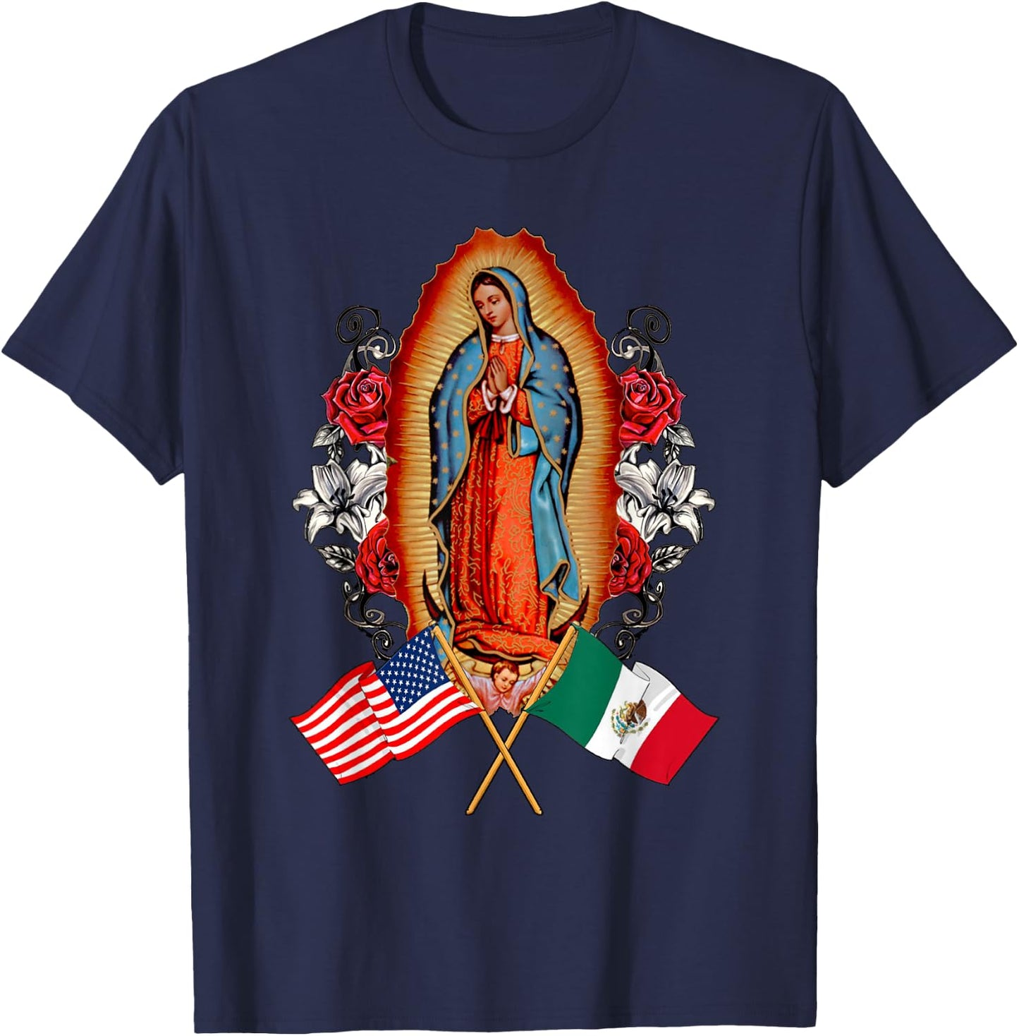 Our Lady Virgen De Guadalupe Mexican American Flag T-Shirt - T-Shirt | Navy