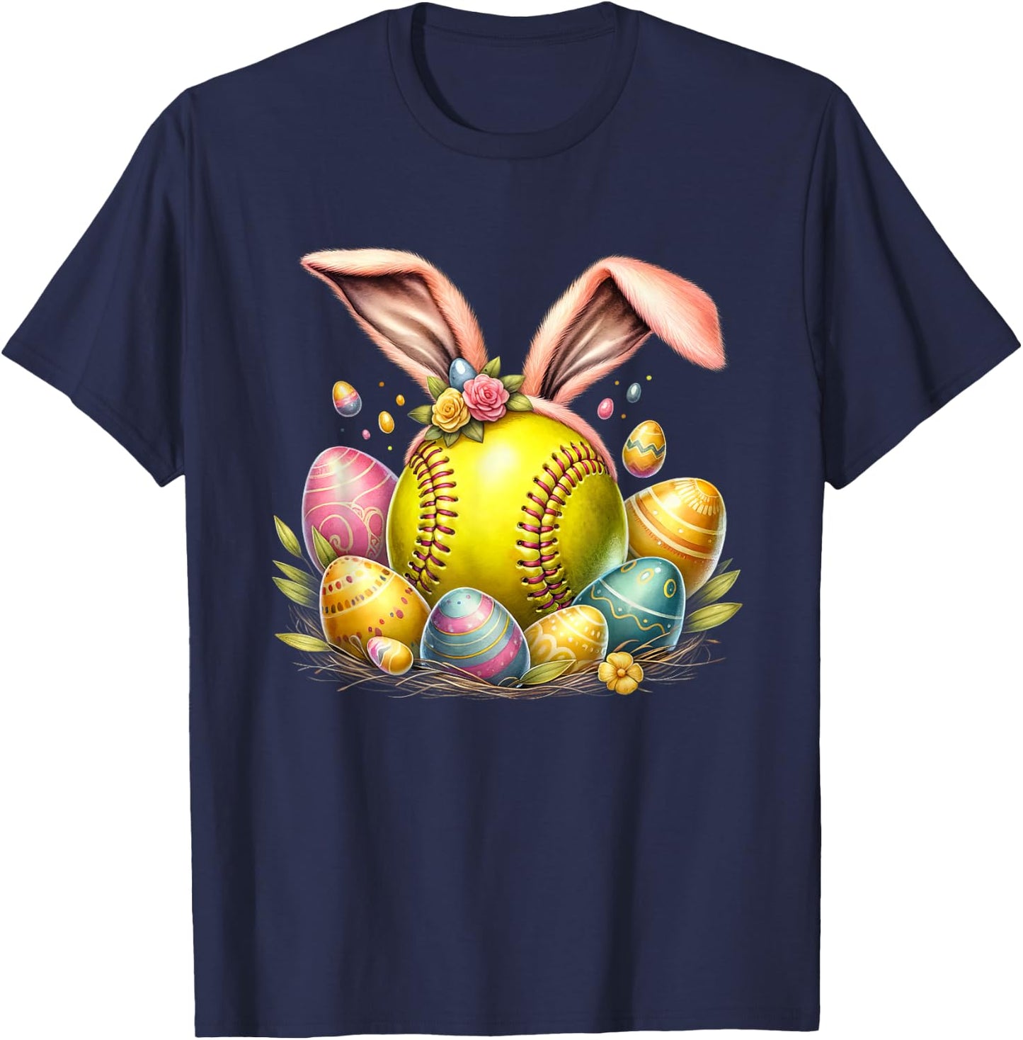 Softball Egg Bunny Ears Easter Day T-Shirt - T-Shirt | Navy