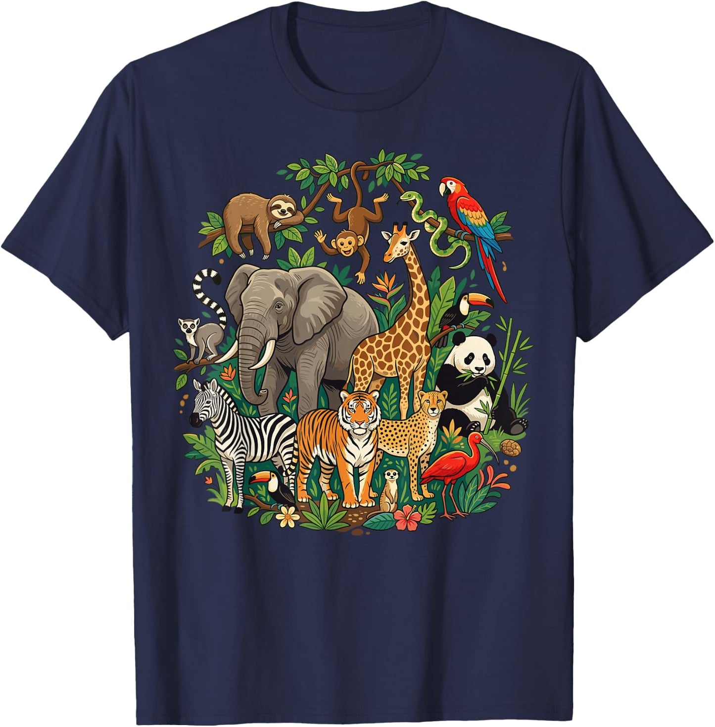 Jungle Safari Animals Cartoon Illustration T-Shirt - T-Shirt | Navy