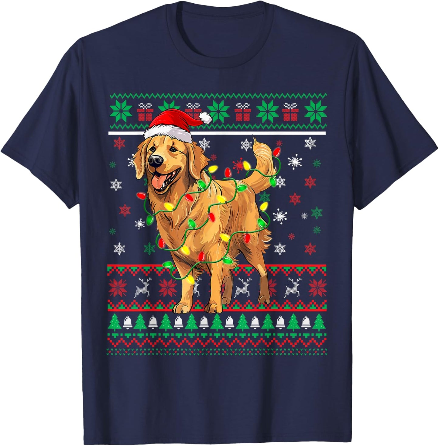 Golden Retriever Christmas Santa Hat Tree Lights Pajama T-Shirt - T-Shirt | Navy