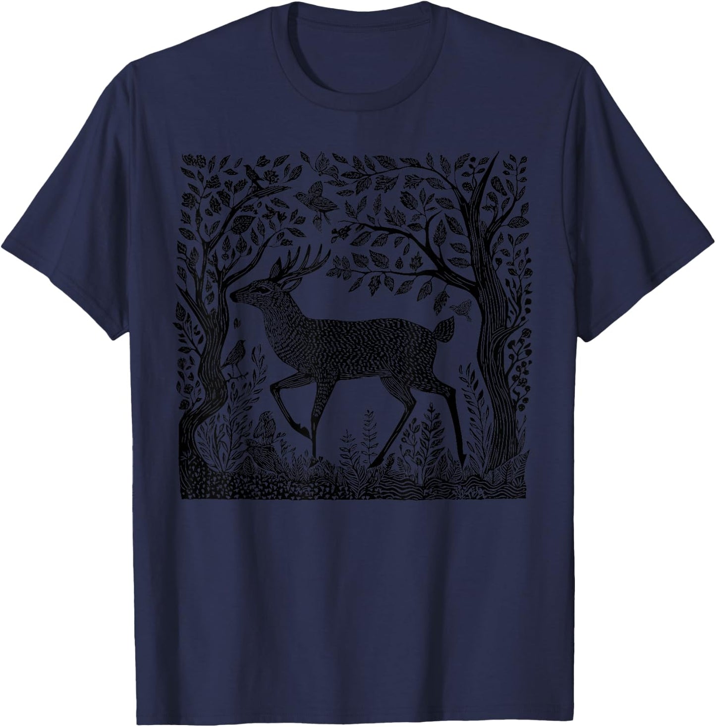 Deer Buck Wildlife Nature Lover Woodcut Forest Wilderness T-Shirt - T-Shirt | Navy