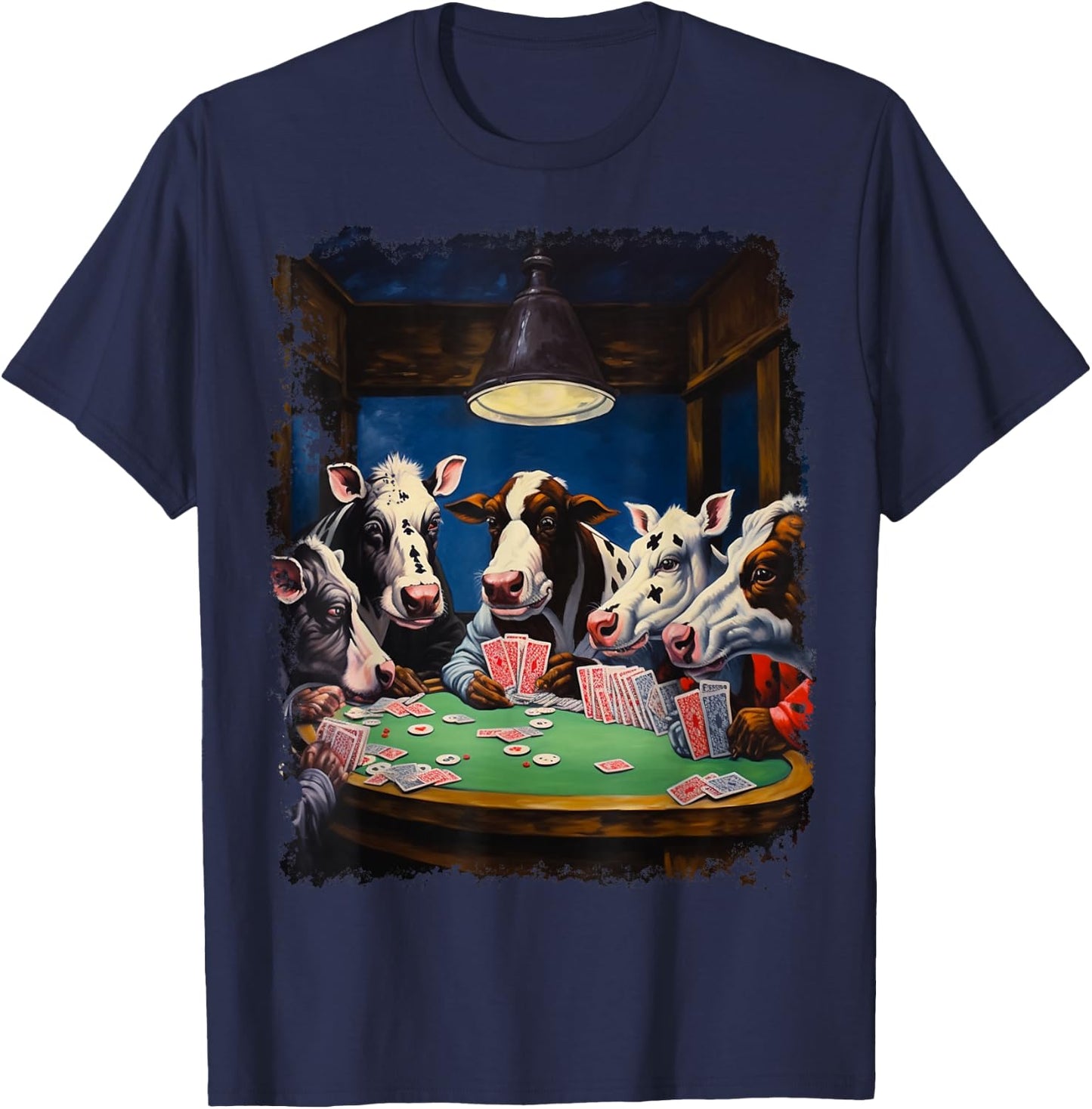 Playing Card Pop Art Gambling Cows Playing Poker Cards T-Shirt - T-Shirt | Navy