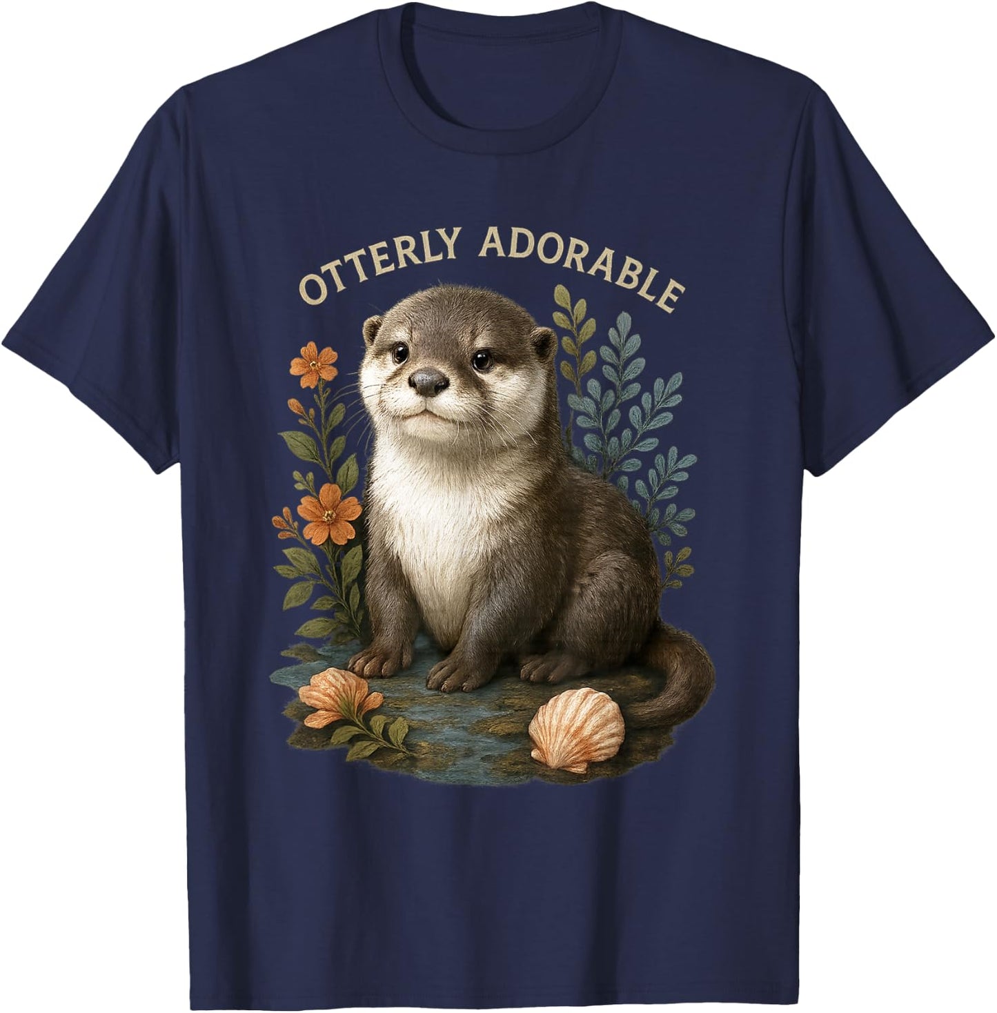 Otterly Adorable Cute Otter with Flowers and Seashells T-Shirt - T-Shirt | Navy