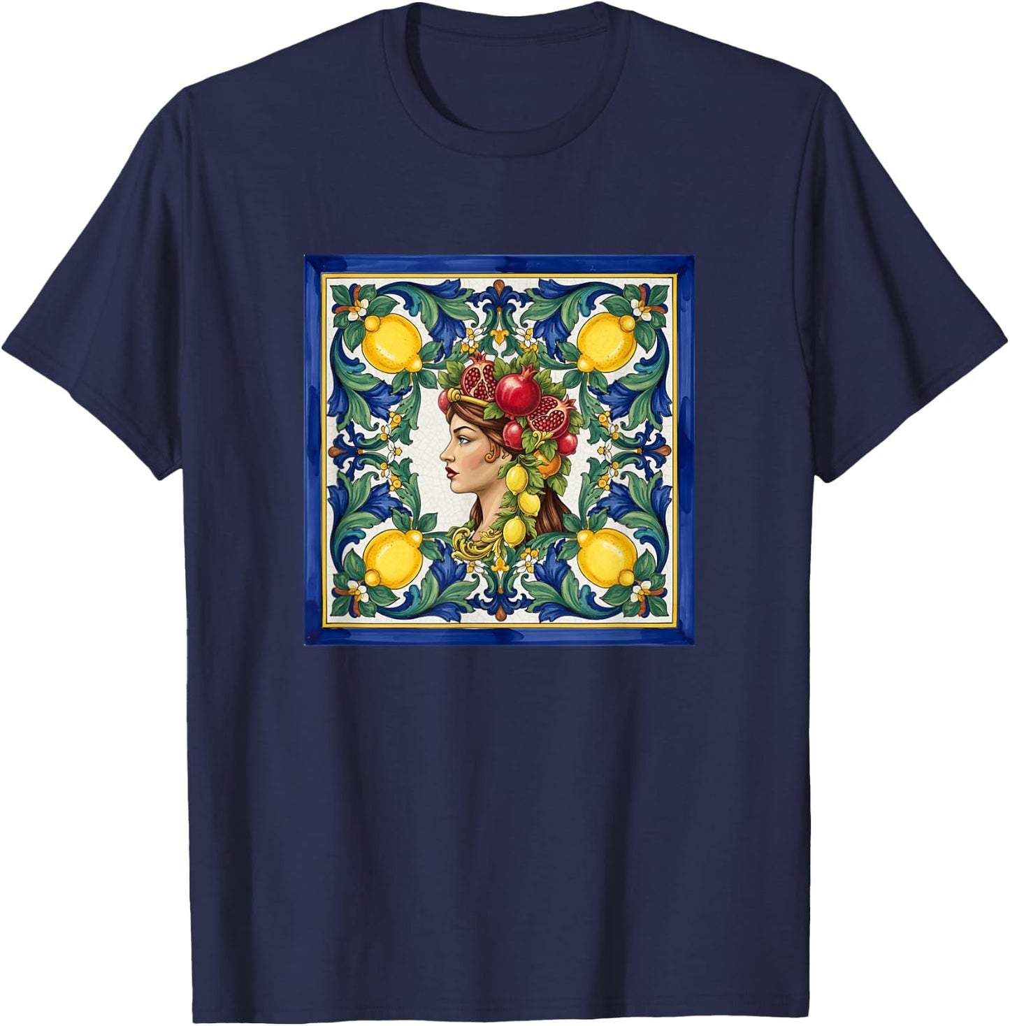 Sicilian Moors Head Caltagirone Inspired Lemon Art T-Shirt - T-Shirt | Navy