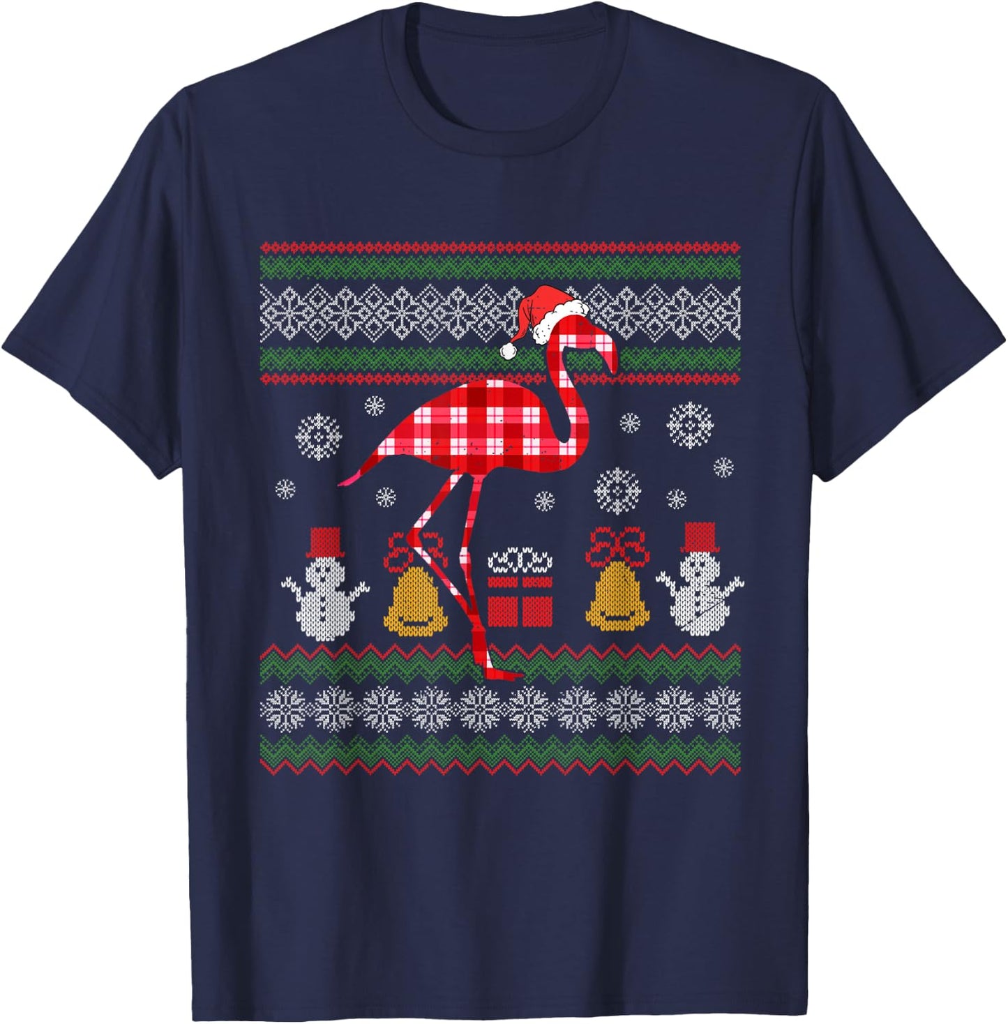 Flamingo Plaid Hat Santa Ugly Sweater Christmas Xmas Animal T-Shirt - T-Shirt | Navy