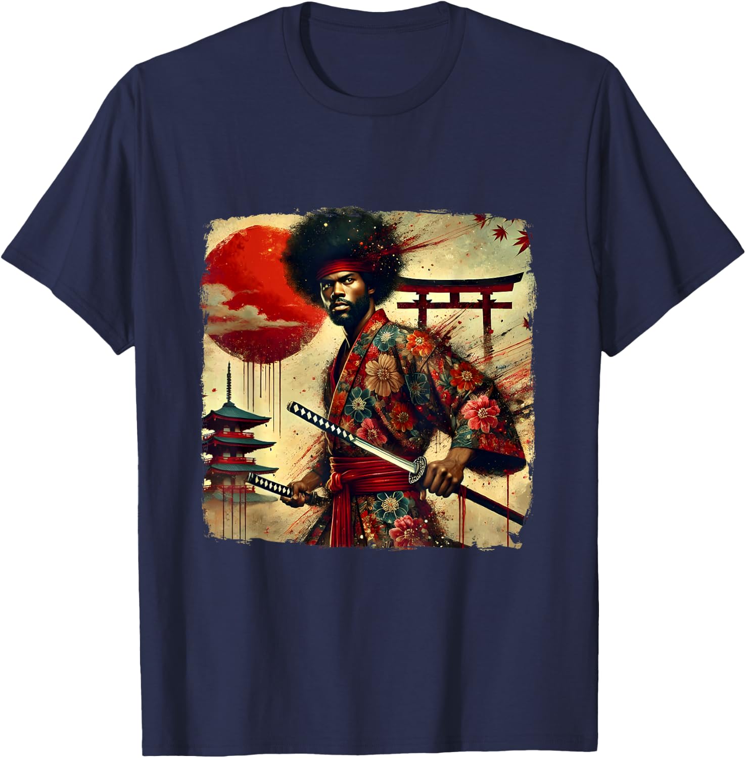 Vintage African Bushido Warrior Katana Afro American Samurai T-Shirt - T-Shirt | Navy