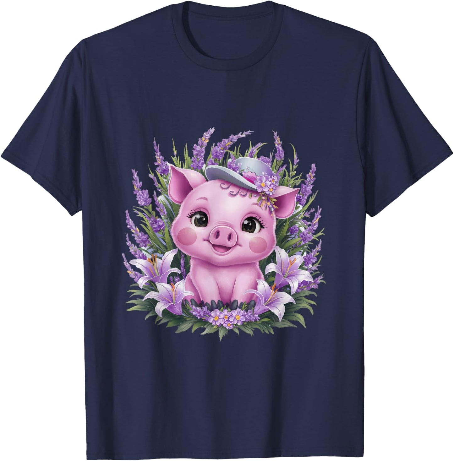 Pig in kawaii cartoon style with lavender and lilies T-Shirt - T-Shirt | Navy