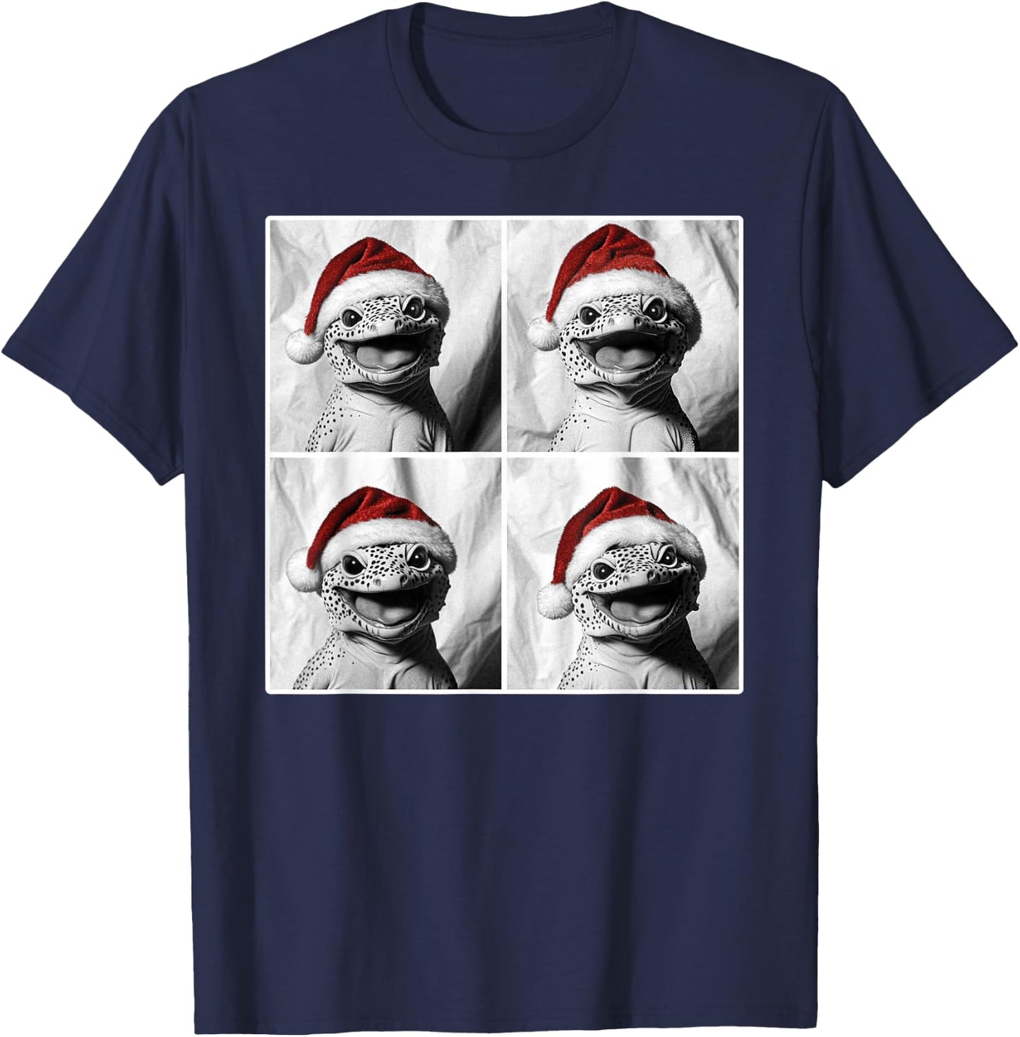 Funny Leopard Gecko in Santa Hat Christmas Photobooth Selfie T-Shirt - T-Shirt | Navy