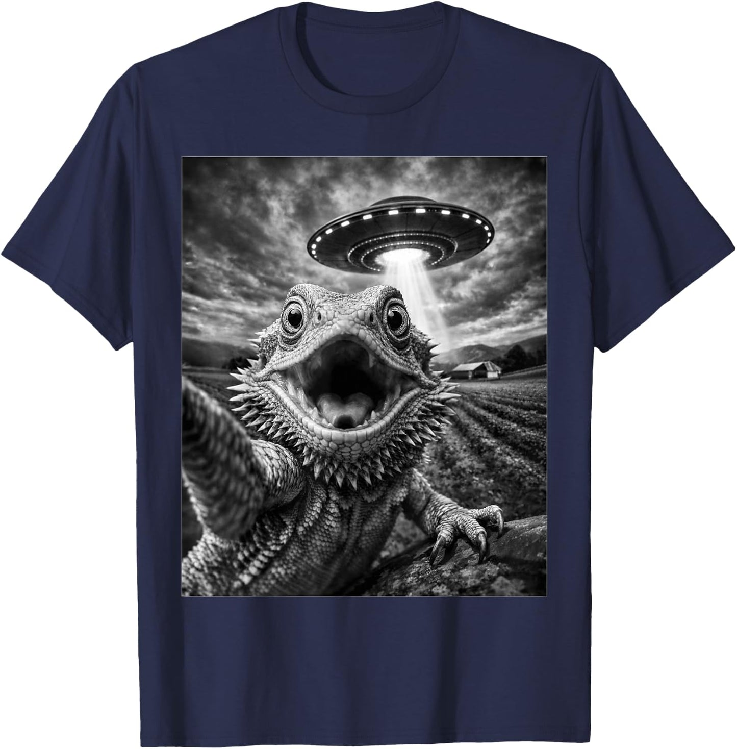 Funny Bearded Dragon Selfie with Alien UFO T-Shirt - T-Shirt | Navy