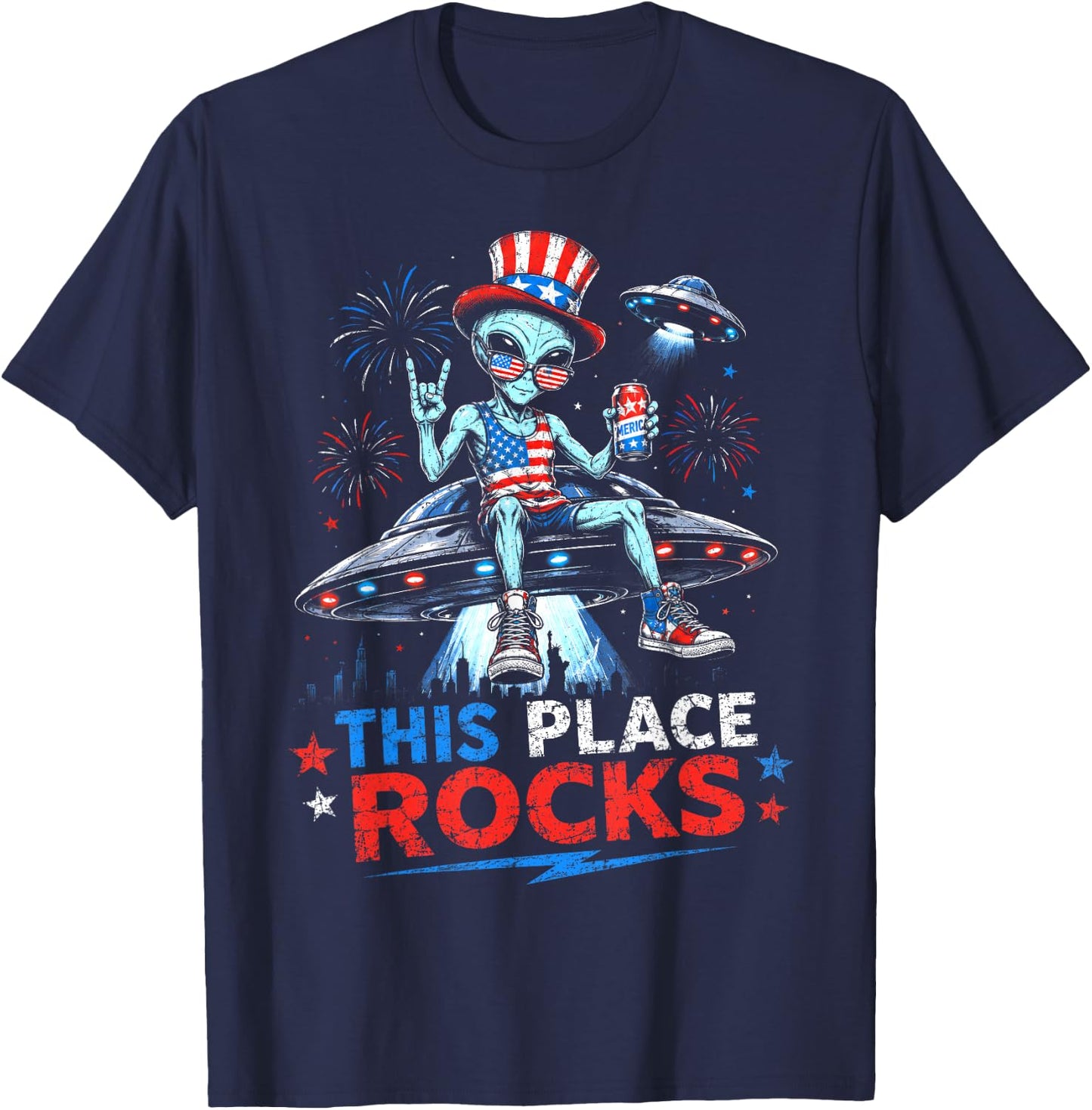 This Place Rocks Alien UFO Area 51 Men Women Kids 4th July T-Shirt - T-Shirt | Navy