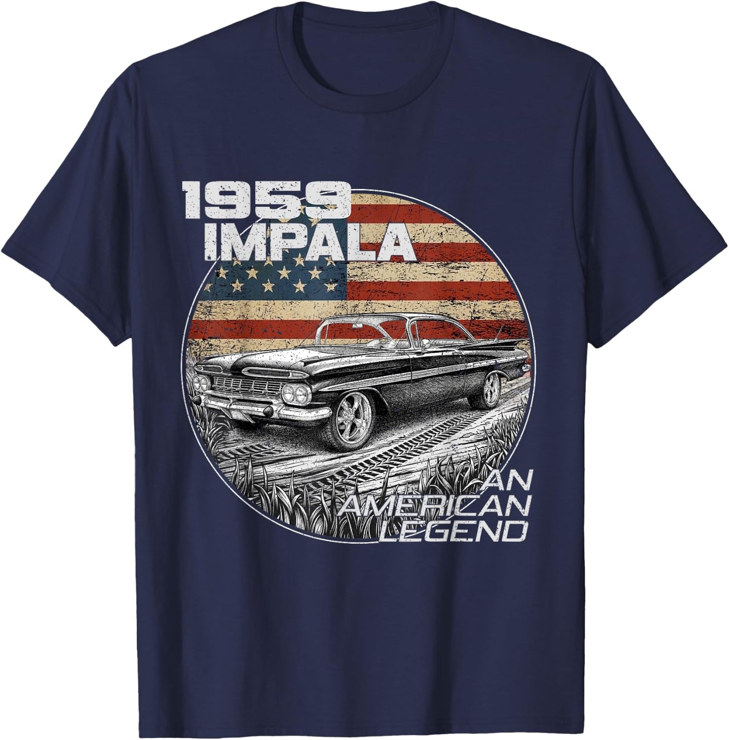 1959 59 Impala Old School Muscle Car American Flag T-Shirt - T-Shirt | Navy