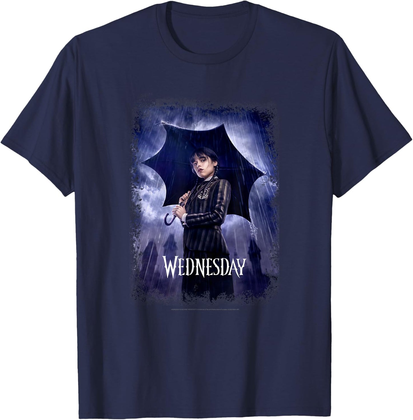 Wednesday Black Umbrella Under The Rain Real Photo Portrait T-Shirt - T-Shirt | Navy