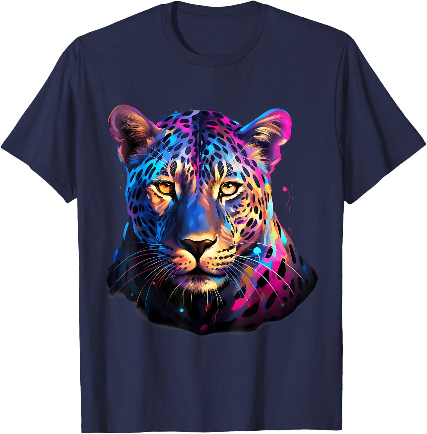 Leopard Colorful Portrait Artwork Wildlife Animal Print T-Shirt - T-Shirt | Navy