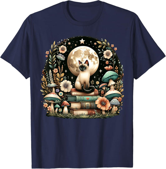 Floral Cottagecore Siamese cat Lover T-Shirt - T-Shirt | Navy