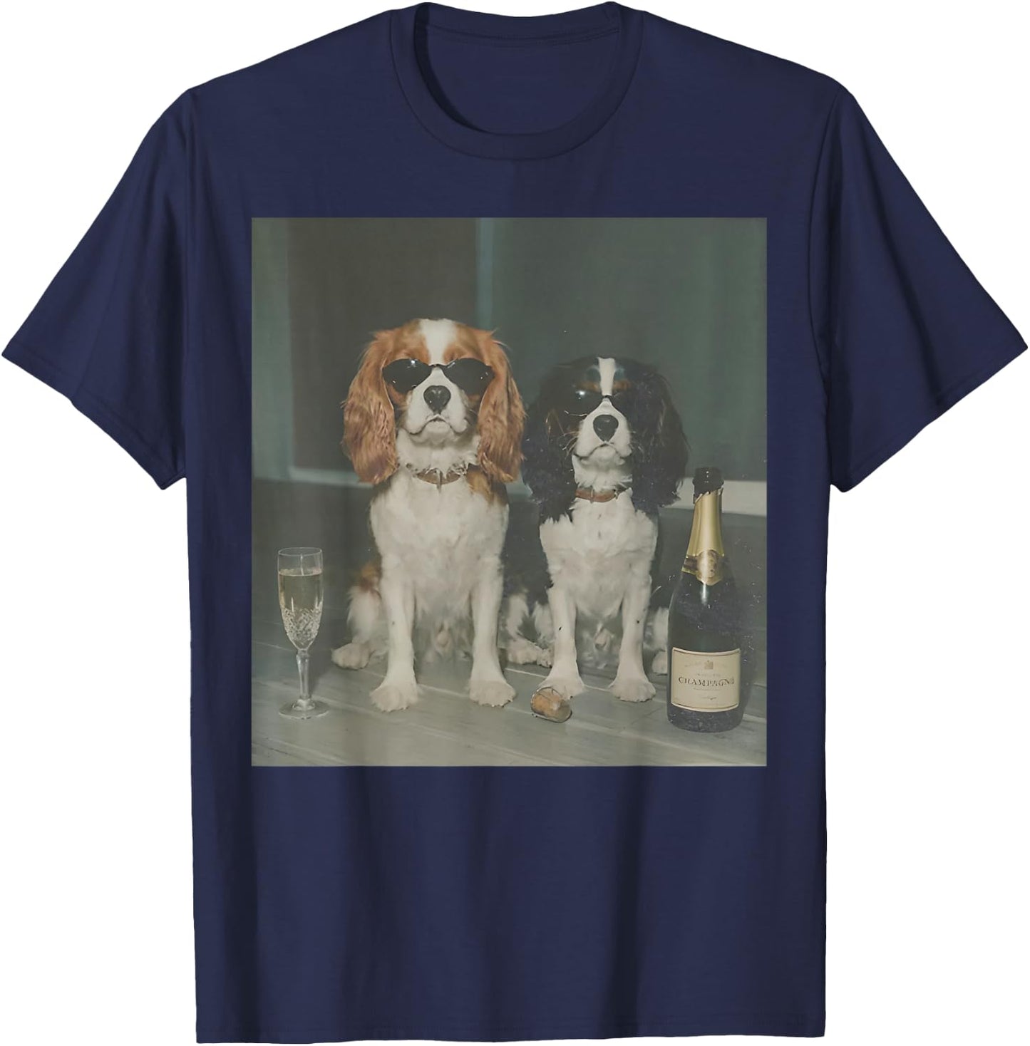Cavalier King Charles Drinking Champagne Funny Dog Meme T-Shirt - T-Shirt | Navy